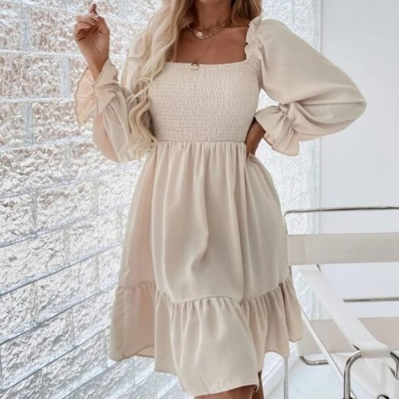 Shirred Bodice Flounce Sleeve Ruffle Hem Dress BIEGE